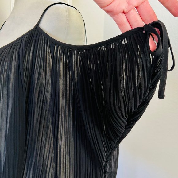Forever 21 Black Crepe Pleated Cold Shoulder Sheer Spaghetti Strap Blouse Top - Picture 3 of 7